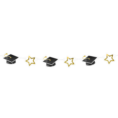 Graduation slinger voor examenfeest. Kartonnen vormpjes van zwarte afstudeerhoedjes en gouden sterren wisselen elkaar af.