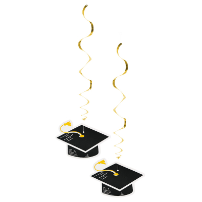 2 Gouden decoratieswirls met zwart afstudeerhoedje voor een examenfeest.