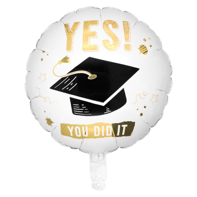 Witte folieballon met opdruk van een afstudeerhoedje en de tekst 'Yes you did it'.