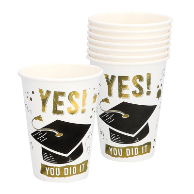 White, paper cup with imprint ' Yes you did it' for exam party.