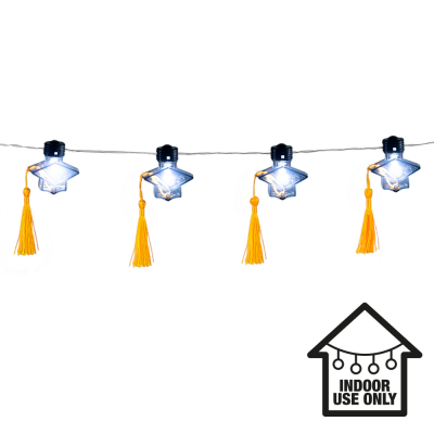 LED light garland with graduation hats with yellow tufts attached.