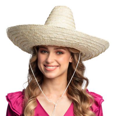 Woman wearing a large sombrero hat in natural colour, with cord.