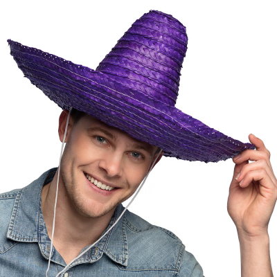 Man wearing a large sombrero hat in purple, with drawstring.