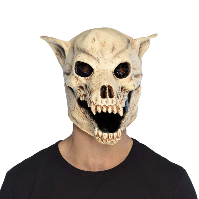 Man wearing a Halloween latex head mask of a ferocious dog skull.
