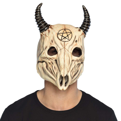 Man wearing a halloween latex mask of a devil ram skull with black horns and a black pentagram.