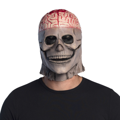 Man wears a halloween latex mask of a skeleton with exposed brain.