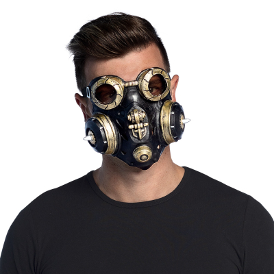 Man met latex gezichtsmasker in de vorm van een zwart gasmasker met gouden accenten in Steampunk stijl