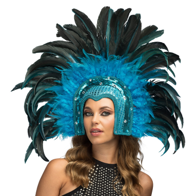 Striking blue feather headdress with glittering sequins, perfect for carnival, showgirls and fancy dress parties