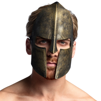 Man has bronze spartan face mask on.