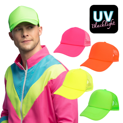 A smiling man in a neon pink retro tracksuit holds a neon yellow cap sitting on his head and next to him are pictures of the same cap in all available colours: neon yellow, neon green, neon pink and neon orange.