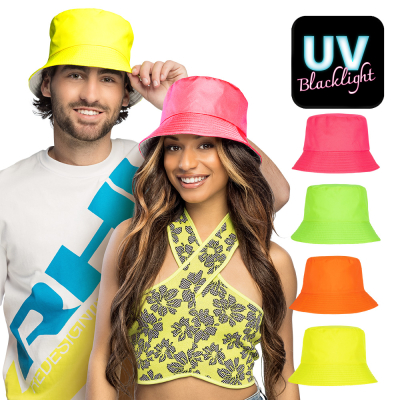 Man and woman wear brightly coloured UV bucket hats in yellow and pink, with four additional colours visible: pink, green, orange and yellow. Ideal for neon party, festival or carnival.