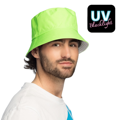 Man wears a bright green bucket hat that lights up under UV blacklight. Perfect for a glow party or rave.