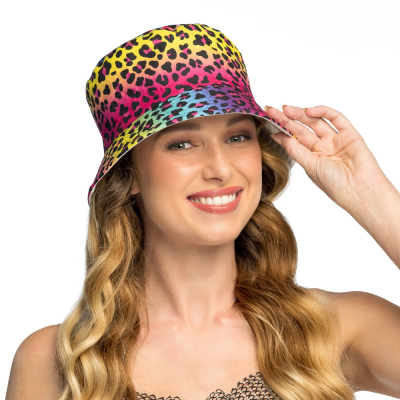 Woman wearing a bucket hat with an eye-catching rainbow panther print. The hat has a colourful design in pink, yellow, green, blue and purple, with black panther spots.