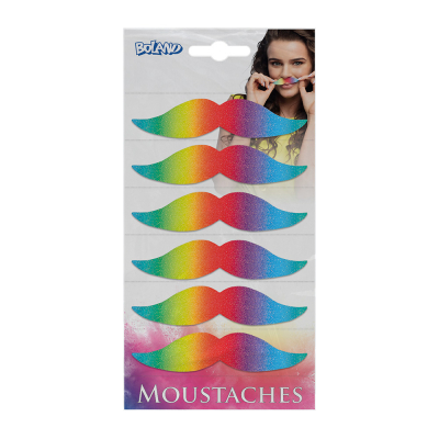 Pack of boland rainbow fantasy moustache set with 6 self-adhesive glitter moustaches in rainbow colours.
