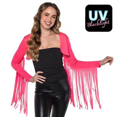 Neonroze bolero met franjes M in opvallende neonkleur voor foute party of festival