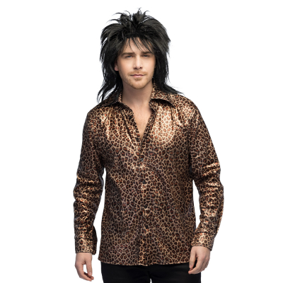 Gl�nzendes Herrenhemd in Gr��e XL mit Leopardenprint in Braun- und Goldt�nen. Das Hemd hat einen Retro 70er Jahre Look mit breitem Kragen und leichtem Disco-Glanz. Ideal f�r Fasching, Karneval, falsche Partys oder ein auff�lliges Festival-Outfit.