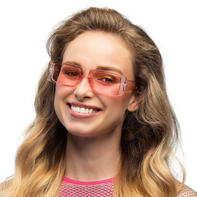 Lunettes de fête rectangulaires roses avec détails en strass, parfaites pour les festivals, les fêtes et les soirées à thème.
