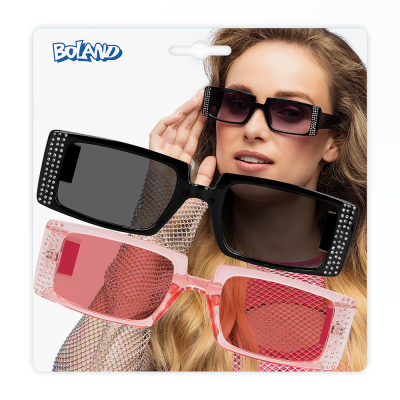 Set of two rectangular party glasses with rhinestone details in black and pink, ideal for parties, festivals and fancy dress parties.