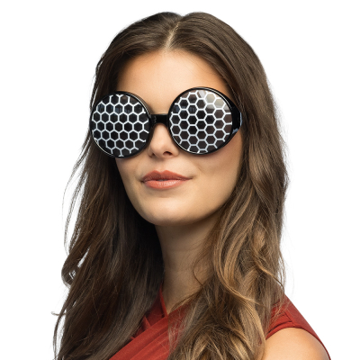 Round party glasses with honeycomb pattern, ideal for fancy dress parties, festivals and eye-catching outfits.