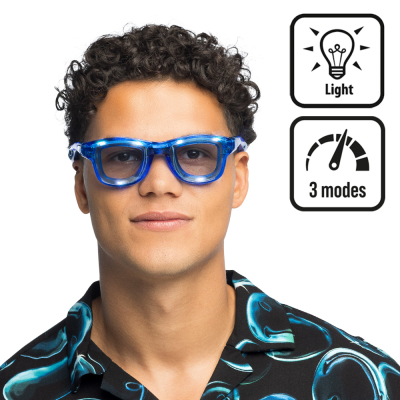 Man wears blue transparent LED party glasses with thick frames. The built-in lights give an eye-catching lighting effect and can be set in three positions.