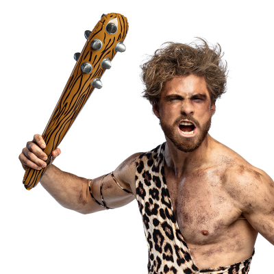 Prehistorische holbewoner met een opblaasbare knuppel in zijn hand.