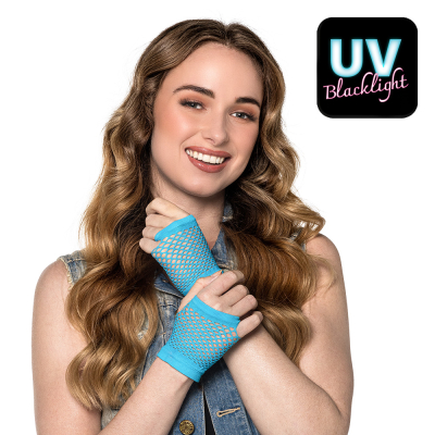 Neonblauwe visnet handschoentjes voor carnaval in opvallende neonkleur voor carnaval