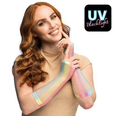 Long rainbow fishnet gloves in rainbow colours for carnival