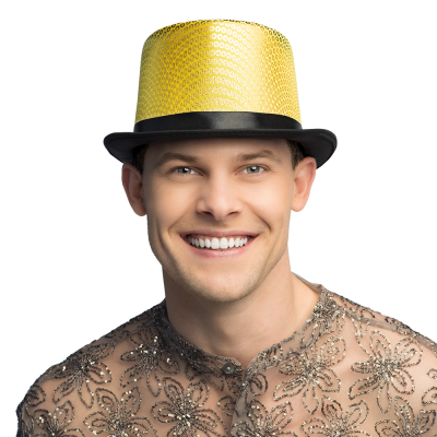 Homme portant un chapeau haut de forme � paillettes dor�es et � bord noir. Ce chapeau a un aspect festif et convient parfaitement aux carnavals, aux f�tes � th�me ou aux c�l�brations de la Saint-Sylvestre.