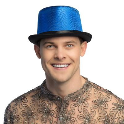 Man wearing a blue glittery top hat with black brim. The hat has a festive look and is perfect for carnival, theme parties or New Year's Eve celebrations.