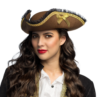 Woman with brown tricorne hat with gold details and bow, perfect for a costume party, pirate party or carnival.