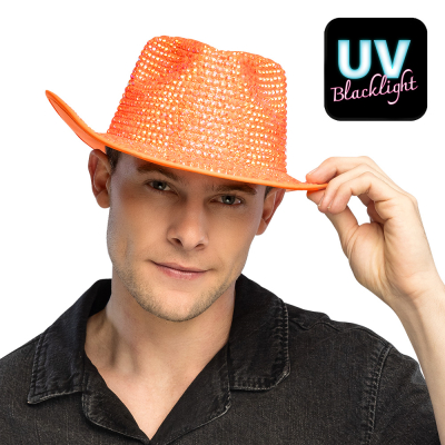 Chapeau de cowboy strass orange fluo dans une couleur fluo voyante pour carnaval ou soir�e d�guis�e