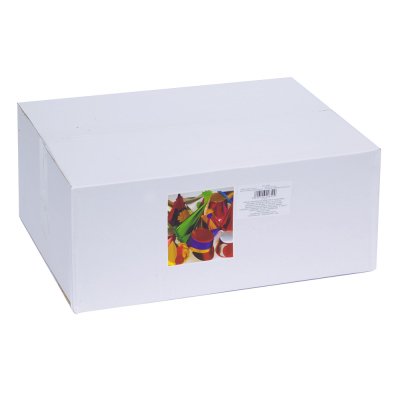 Boîte blanche contenant des chapeaux de fête colorés et des trompettes en vrac, idéale pour les grands groupes de fête et les organisateurs d'événements.
