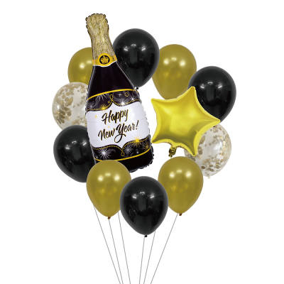 Neujahrs-Ballonset mit Sektflasche, goldenem Stern und schwarz-goldenen Konfetti-Ballons, perfekt für Partydekorationen.