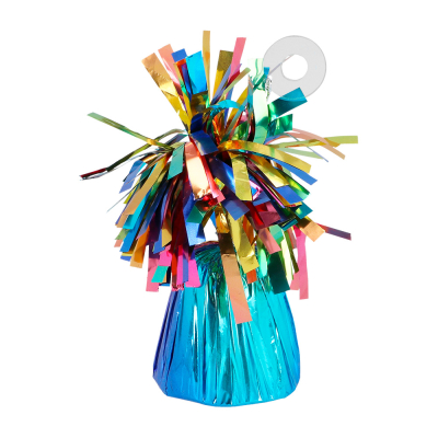 Vue d'une face d'un ballon de baudruche aux couleurs de l'arc-en-ciel m�tallique � dominante bleue, avec un crochet transparent pour attacher les ballons de baudruche.