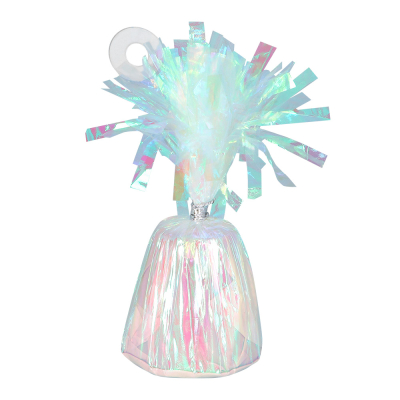 Iridescent balloon weight with a transparent hook for attaching balloons.