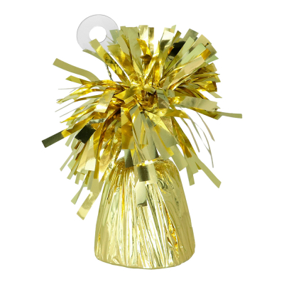 Gold balloon weight with a transparent hook for attaching balloons.