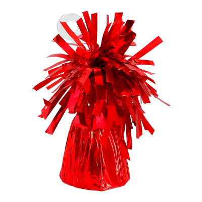 Red balloon weight with a transparent hook to attach balloons.