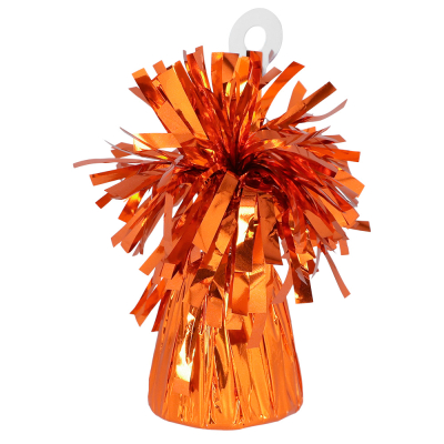 Orange balloon weight with a transparent hook for attaching balloons.