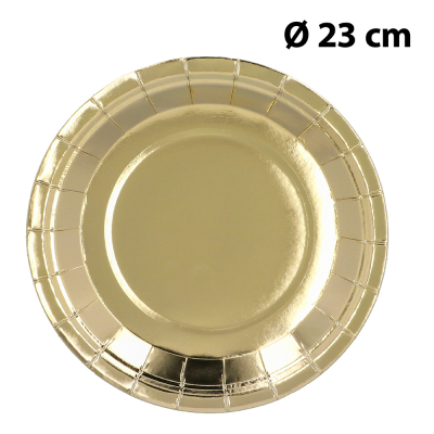 Assiette en papier dorée de 23 cm pour les fêtes chics telles que les anniversaires, les jubilés ou une fête à thème doré.