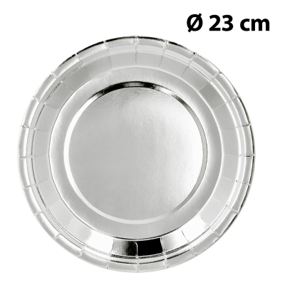 Silberfarbener Pappteller (23 cm) für elegante Partys wie Geburtstage, Jubiläen oder eine silberne Themenparty.