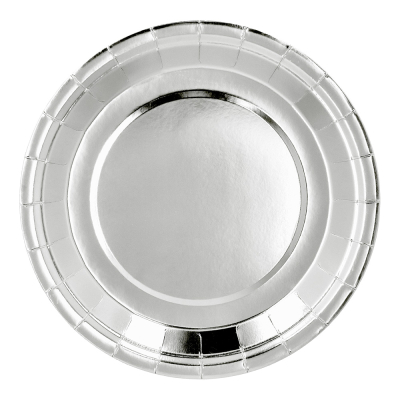 Assiette en papier argentée de 23 cm pour les fêtes chics telles que les anniversaires, les jubilés ou une fête à thème argentée.