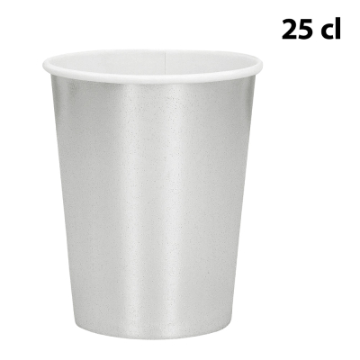 Silberfarbener Pappbecher (25 cl) für Getränke bei luxuriösen Partys, Silvester oder glamourösen Themenveranstaltungen.