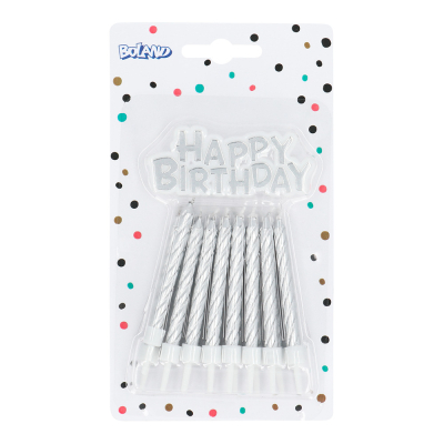 Verpackung des silbernen Happy Birthday Tortendekorationssets mit 16 Kerzen mit Halter und Tortenaufsatz