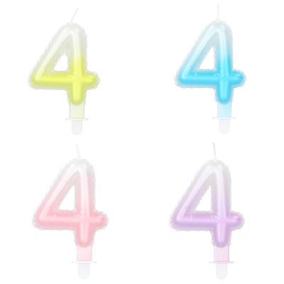 4 cake candles in pastel colours and in the shape of a 4 with a toothpick. The colours are yellow, blue, pink and lilac and have a gradient to white.