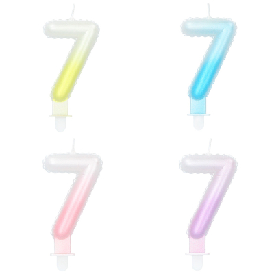 4 cake candles in pastel colours and in the shape of a 7 with a toothpick. The colours are yellow, blue, pink and lilac and have a gradient to white.