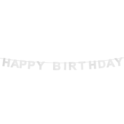 Silberne Buchstabengirlande Happy Birthday.