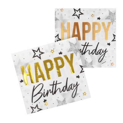 Papieren servetten met gouden en zwarte 'Happy Birthday' opdruk en sterrendetails, perfect voor feestdecoratie.