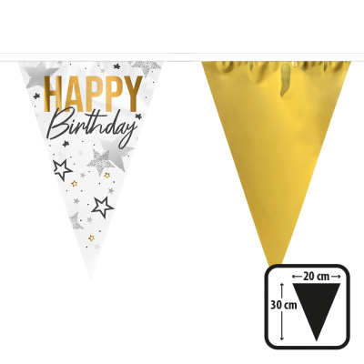 Verjaardag slinger met gouden en witte vlaggetjes met 'Happy Birthday' opdruk en sterrendetails, perfect voor feestdecoratie.