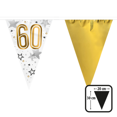 Verjaardag slinger met gouden en witte vlaggetjes en het getal '18', perfect voor een 60e verjaardagsfeest.