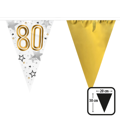 Verjaardag slinger met gouden en witte vlaggetjes en het getal '18', perfect voor een 80e verjaardagsfeest.